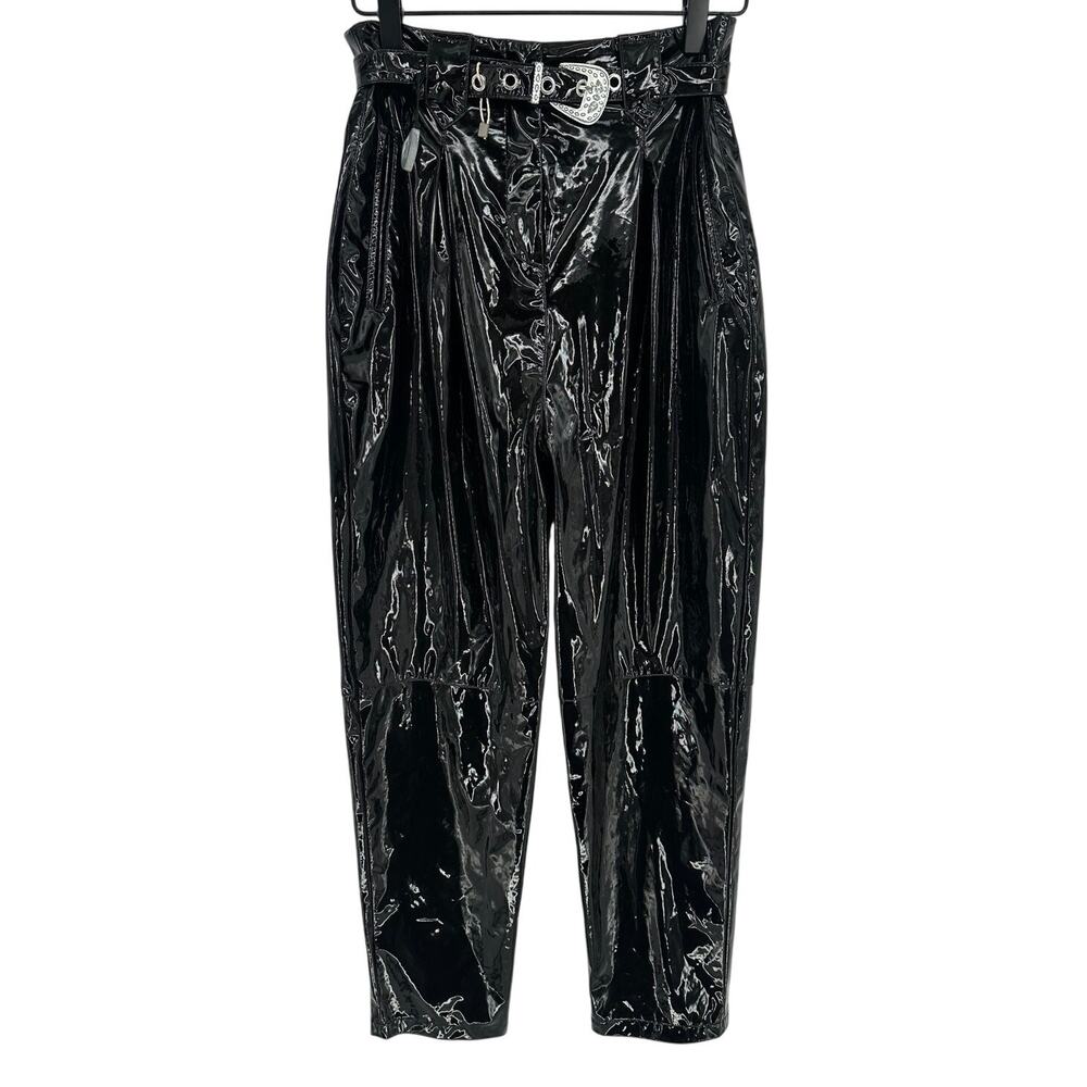 Pinko Italy Faux Patent Leather Coated Pants Black Belted High Rise Shiny Goth S